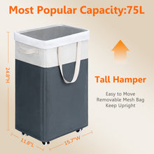 Load image into Gallery viewer, TIMEYARD 75L Rolling Laundry Hamper with Wheels and Removable Wash Bag, Tall Collapsible Large Laundry Basket with Wheels, White &amp; Grey