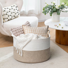 Load image into Gallery viewer, TIMEYARD Large Woven Laundry Hamper Basket - Decorative Storage Organizer for Living Room, Holds Toys Pillows Blankets Clothes - 21.7" x 21.7" x 13.8"-White &amp; Light Brown