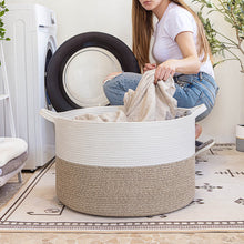 Load image into Gallery viewer, TIMEYARD Large Woven Laundry Hamper Basket - Decorative Storage Organizer for Living Room, Holds Toys Pillows Blankets Clothes - 21.7" x 21.7" x 13.8"-White &amp; Light Brown