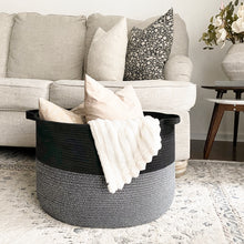 Load image into Gallery viewer, Timeyard Large Woven Laundry Hamper Basket - Decorative Storage Organizer for Living Room, Holds Toys Pillows Blankets Clothes - 21.7" x 21.7" x 13.8"-Black &amp; Grey