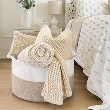 Load image into Gallery viewer, TIMEYARD Large Woven Laundry Hamper Basket - Decorative Storage Organizer for Living Room, Holds Toys Pillows Blankets Clothes - 21.7" x 21.7" x 13.8"-White &amp; Light Brown