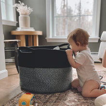 Load image into Gallery viewer, Timeyard Large Woven Laundry Hamper Basket - Decorative Storage Organizer for Living Room, Holds Toys Pillows Blankets Clothes - 21.7" x 21.7" x 13.8"-Black &amp; Grey